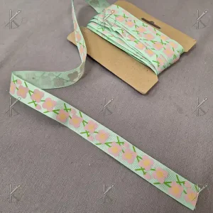 Menta alapon virágos ripsz szalag 26mm