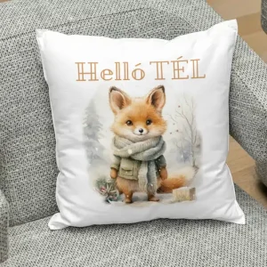Cuki rókás párna panel hello tél felirattal fehér alapon róka mintával